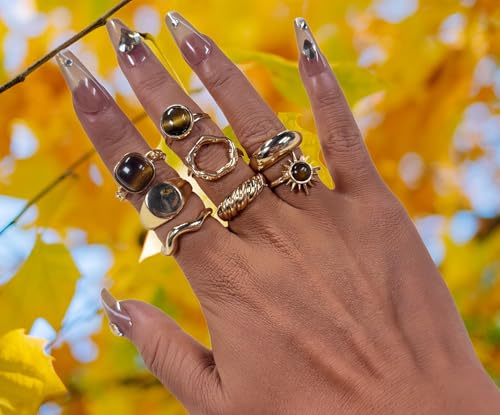 Chunky Gold Rings for Women Non Tarnish, Baroque Pearl Flower Tiger's Eye Stone Rings Adjustable Stacking Statement Rings Set Fashion Jewelry Gifts - style: Tiger eye stone