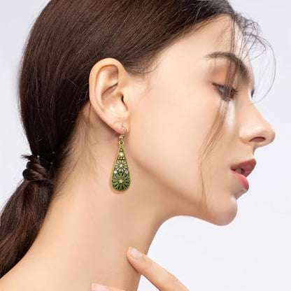 Handmade Bohemian Crystal Teardrop Dangle Earrings, Tribal Retro Copper Hollow Out National Style Geometry Enamel Floral Hook Earrings for Women, Ethnic Statement Jewelry