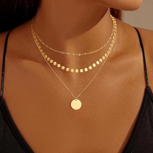 Gold Necklace for Women 14K Gold Plated Layered Necklaces Dainty Pendant Necklace Cute Stack Necklaces Set Fashion Jewelry Gift for Her - style: circle1-gd
