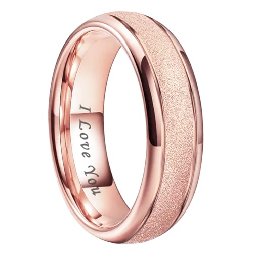 TUTISS 6mm 8mm Black/Gold/Rose Gold/White Tungsten Rings for Men Women Fashion Engagement Wedding Bands Sandblasted Finish I Love You Engraved Comfort Fit - color: 6mm Rose Gold Tungsten I Love You
