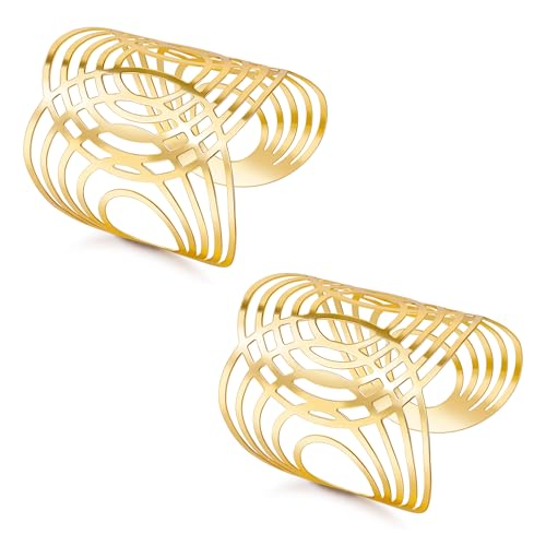 2Pcs Cuff Bangle Bracelet for Women Open Wide Bangle Bracelet Set | minimalist statement bangle bracelets，wrist cuff wrap bracelet adjustable，open wide wire grooved hammered bracelet set - color: 2PCS-Gold-G