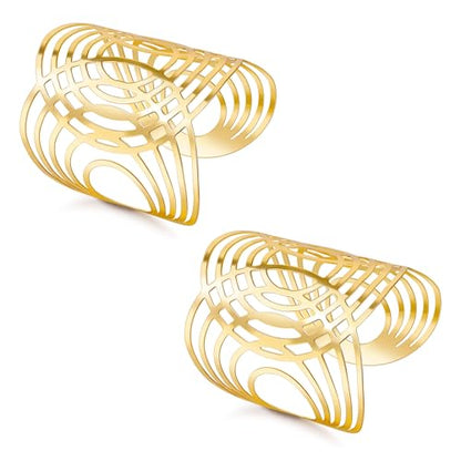 2Pcs Cuff Bangle Bracelet for Women Open Wide Bangle Bracelet Set | minimalist statement bangle bracelets，wrist cuff wrap bracelet adjustable，open wide wire grooved hammered bracelet set - color: 2PCS-Gold-G