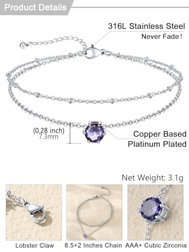 U7 Silver Ankle Bracelet for Women, Waterproof Layered Ankle Round Gem Birthstone Anklets, Summer Beach Foot Jewelry, Adjustable 8.5"-10.5" - color: 06.June-Alexandrite Purple