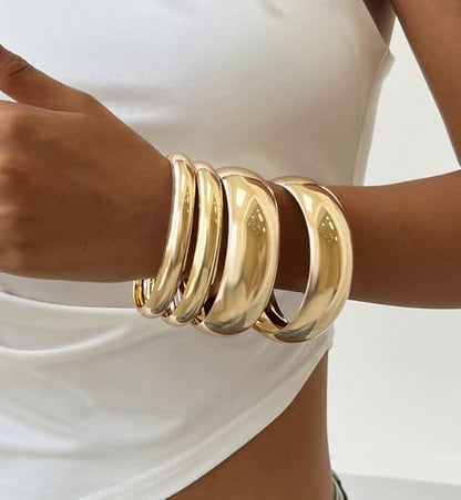 Chunky Gold Bangle Bracelets for Women, Dainty 14k Gold Plated Big Stackable Bangles Set, Trendy Statement Cuff Bracelet Stack Fashion Jewelry Gifts - style: 4 chunky gold bangles