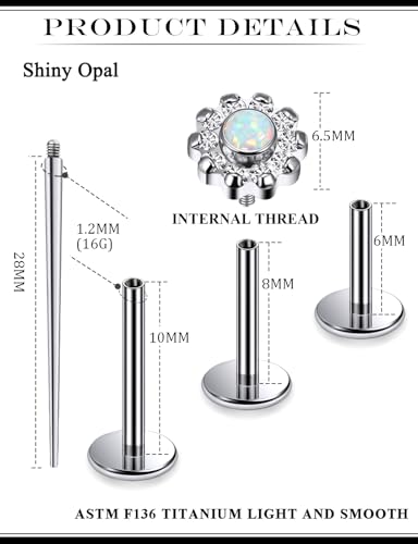 16G Astm F136 Titanium Internal Thread Flat Back Earrings Nose Studs Tragus Forward Helix Conch Cartilage Lobe Earrings Stud Medusa Labret Monroe Lip Ring Piercing Jewelry For Women Men - size: 16G--Style E-Opal