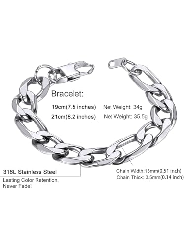 ChainsHouse Figaro Link Chain Bracelet for Men Stainless Steel Jewelry | Black/ Gold Bracelets Men, 6/9/13mm Figaro Cuabn Bracelets 7.5"/8.3", Chunky Hip Hop Wrist Hand Chain Bracelet for Gift - color: f: 13mm-stainless