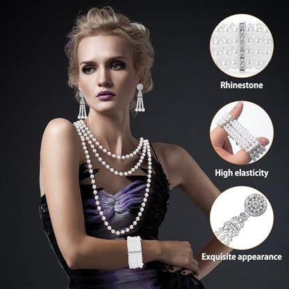 1920s Pearl Jewelry Set - Long Pearl Necklace, Earring Set, Multilayer Bracelet - Flapper Accessories for Women - color: Noble