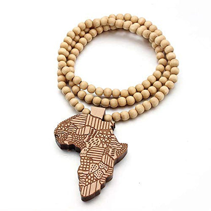 COLORFUL BLING Multicolor 8MM Wooden Bead Chain African Hip-hop Africa Map Pendant Necklace for Men Boys Natural Wood Jewelry - color: style2 light