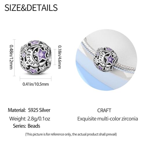 Star Moon 925 Sterling Silver Birthstone Charm for Bracelet Women Jewelry - color: February