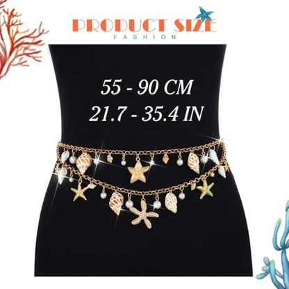 BODIY Seashell Waist Body Chain Starfish Belly Chain Jewelry for Women | Gold Bikini Waist Chain Mermaid Custom Accessories Layered Summer Beach Chain Adjustable for Party Vacation Fashion - color: Gold Layered