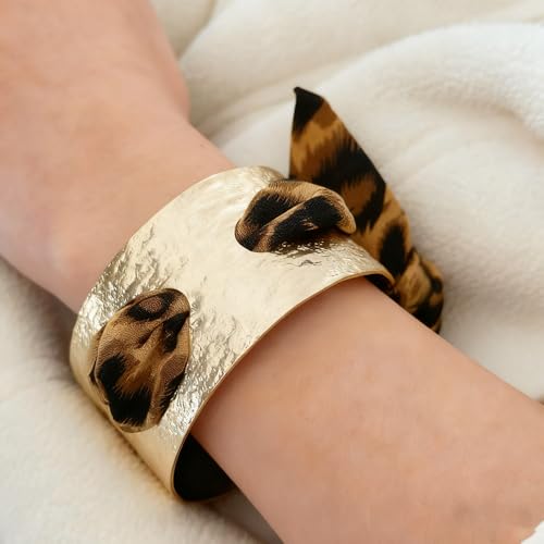 Chunky Gold Hammered Bracelets for Women, Leopard Print Scarf Big Golden Stainless Steel Cuff Bangle Silk Styling Charm Stackable Statement Jewelry Gifts - color: 4.5CM-Gold