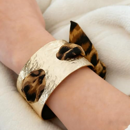 Chunky Gold Hammered Bracelets for Women, Leopard Print Scarf Big Golden Stainless Steel Cuff Bangle Silk Styling Charm Stackable Statement Jewelry Gifts - color: 4.5CM-Gold