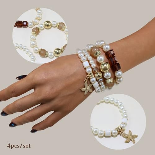 Bohemian Pearl Bracelet Set, 4 Piece Elastic Stretch Beaded Wrist Chain with Starfish Pendant, Boho Faux Pearl Multi-Color Stackable Bracelets for Women - color: Brown