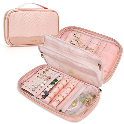 emissary Travel Jewelry Case Organizer for Necklace & Earrings, Pink | Padded slots & necklace ties keep jewelry tangle-free; double-zip, water-repellent travel case for rings & earrings - color: Pink