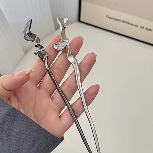 2Pcs Chinese Hair Sticks for Women, Silver Black Metal Bun Hairpin, 2Pcs | Chinese hair chopsticks for women, silver hair stick,metal hairpin, bun hairstyle headwear