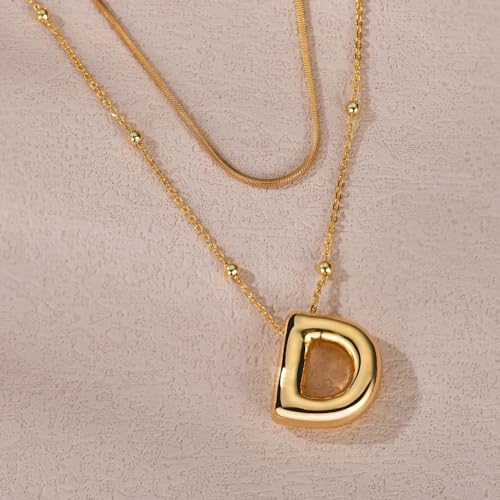 LUCA SMITH 2-Piece Initial Necklaces for Women, Dainty Balloon Bubble A-Z Letter Necklace Set, Name Letter Alphabet Pendant Layered Choker Necklaces Personalized Jewelry Gift - color: Gold bubble letter necklace, style: Initial Set-D