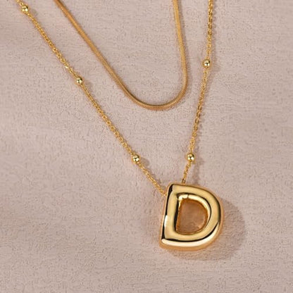 LUCA SMITH 2-Piece Initial Necklaces for Women, Dainty Balloon Bubble A-Z Letter Necklace Set, Name Letter Alphabet Pendant Layered Choker Necklaces Personalized Jewelry Gift - color: Gold bubble letter necklace, style: Initial Set-D