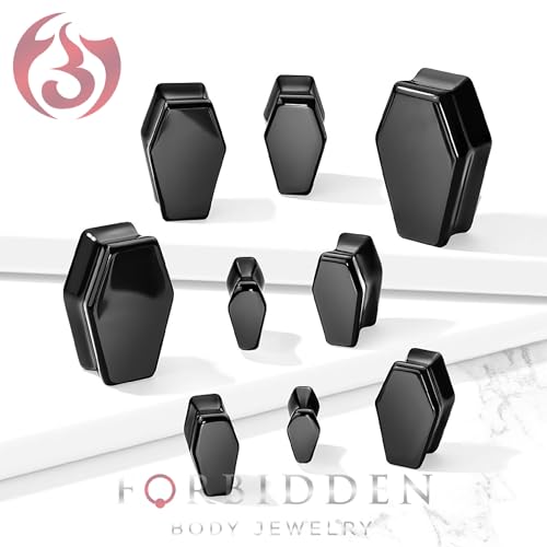 Forbidden Body Jewelry Natural Obsidian Black Stone Coffin Shaped Double Flare Plugs, Gauges, Tunnels - style: 2GA (6mm)
