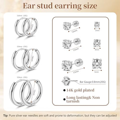 Hypoallergenic Surgical Steel Earrings, 20G Sparkling Cubic Zirconia (CZ) Flat Back Studs & Hoops, Earrings for Sensitive Ears, Cartilage & Helix Piercing Jewelry - color: silvery