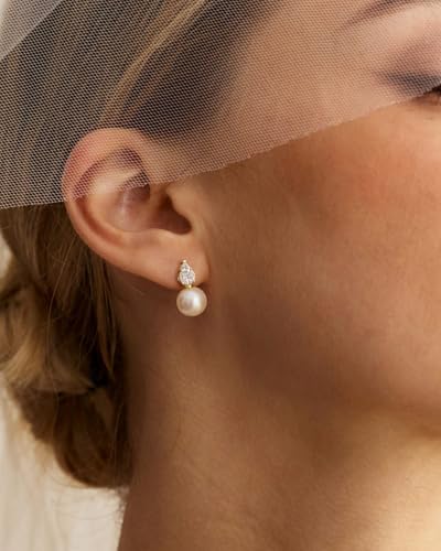 Pearl Earrings for Women Trendy Dainty Wedding Earring 14K Gold Plated/Silver Plated Dainty Cute Drop Dangle Pearl Earrings Studs Hypoallergenic CZ Diamond Wedding Earrings for Brides Prom Jewelry Gift for Women - color: 02.Gold drop