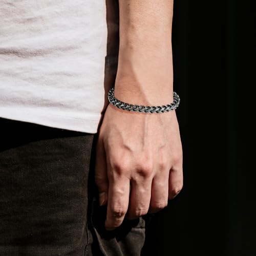 Mens Bracelet - Stainless Steel Fold Over Clasp Franco Chain Bracelets for Men - color: G-Gunmetal