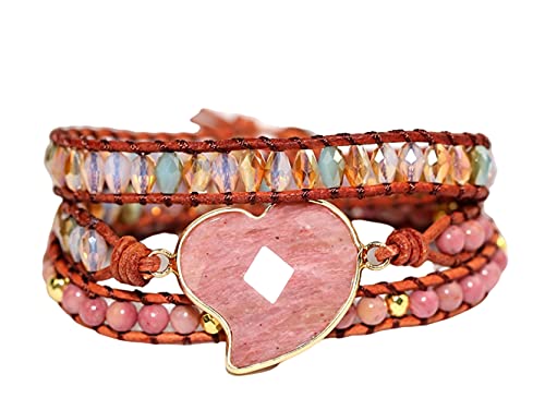 Women Wrap Bracelets Boho Natural Stone Jasper Turquoises Strand Bracelet Jewelry Collection - color: Rhodochrosite