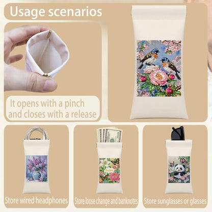 Diamond Art Painting Eye Glass Bag PU Sunglasses Glasses Storage Bag Built-in Glasses Cloth Press Automatic Closure - color: Birds