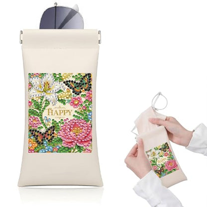 Diamond Art Painting Eye Glass Bag PU Sunglasses Glasses Storage Bag Built-in Glasses Cloth Press Automatic Closure - color: Butterfly Flowers