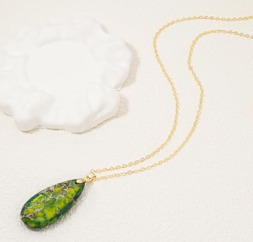 Stone Necklaces for Women Teardrop Gemstone Pendant Necklace Natural Stone Chain Necklaces - color: Green Gold