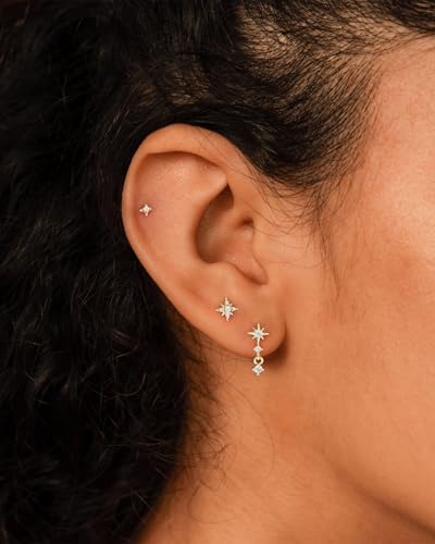 3 Pairs Earring Stacks, Gold Earring Set Jewelry Gift for Women | Small, 14K Gold/White Gold/Black/Rose Gold Plated, Hypoallergenic, Her, Everday, Stackable, Simple, 3 Holes - color: Gold-North Star