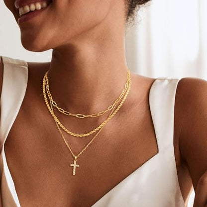 Layered Gold Cross Necklaces for Women, Stack Stackable 14K Gold/Silver Plated Cubic Zirconia Pendant Necklace Set Dainty Choker Layering Necklaces for Women Faith Jewelry Religious Gift - style: Gold-CZ-2