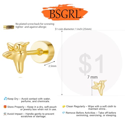 Flat Back Earrings for Women Cartilage Helix | Comfortable Dainty Cute Dragon Bee Bird Phoenix Dragonfly Cute Animal Leaf Spiral Rhombus Design Flatback Stud Earrings - color: Gold Hummingbird