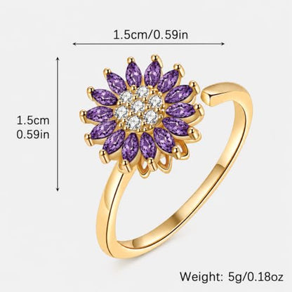 Sunflower Fidget Ring for Women Gold Anxiety Crystal Rings Cubic Zirconia Sunflower Open Adjustable Fidget Ring Spinner Sun Ring for Men Trendy Jewelry - color: Gold Purple