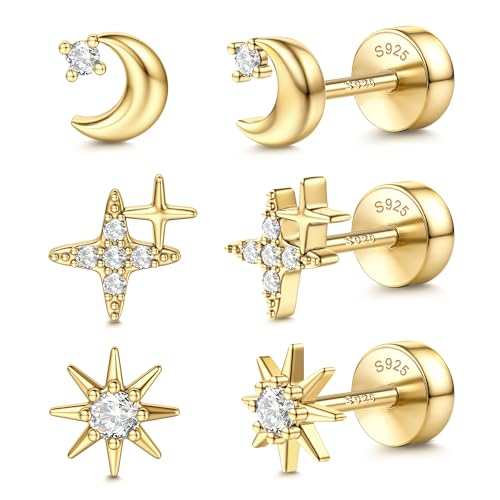 14K Gold Plated 925 Sterling Silver Flat Back Earrings Set | Hypoallergenic Cartilage Helix Conch Tragus Piercing Jewelry 3 Pairs Small Screw Dainty CZ Opal Earring Set Men Women - color: Gold, Style F