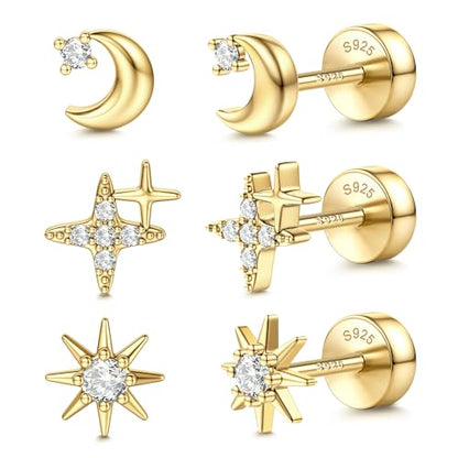 14K Gold Plated 925 Sterling Silver Flat Back Earrings Set | Hypoallergenic Cartilage Helix Conch Tragus Piercing Jewelry 3 Pairs Small Screw Dainty CZ Opal Earring Set Men Women - color: Gold, Style F