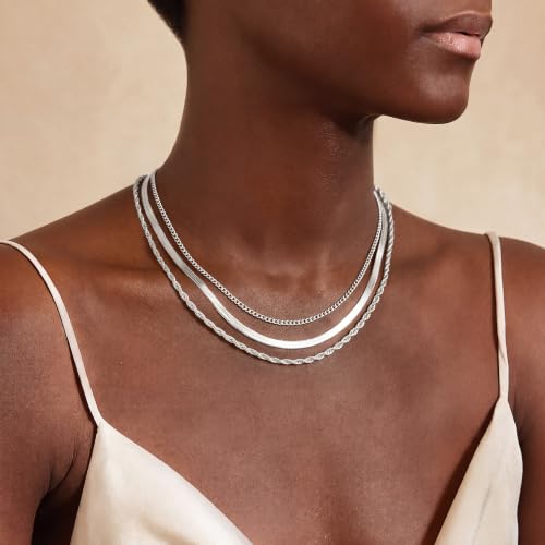 Layered Necklaces for Women, 3 Chain Choker Set, 14k Gold/Silver Plated | 3 Detachable Strands, 7+ Ways to Wear, Tangle Free Design, Herringbone Rope Curb Textures, Tarnish Resistant - color: Silver