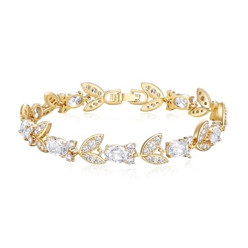 Crysdue Wedding Bridal Bracelets for Brides, Cubic Zirconia Tennis Birthstone Jewelry Gift for Women Prom - style: F_Gold, 7 Inch