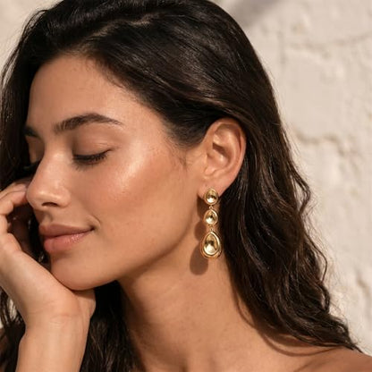 Gold Dangle Earrings for Women,Chunky 14K Gold Plated Drop Dangle Stud Earrings Long Statement Hammered Earring Hypoallergenic Jewelry for Women Gifts - style: Groove-GD