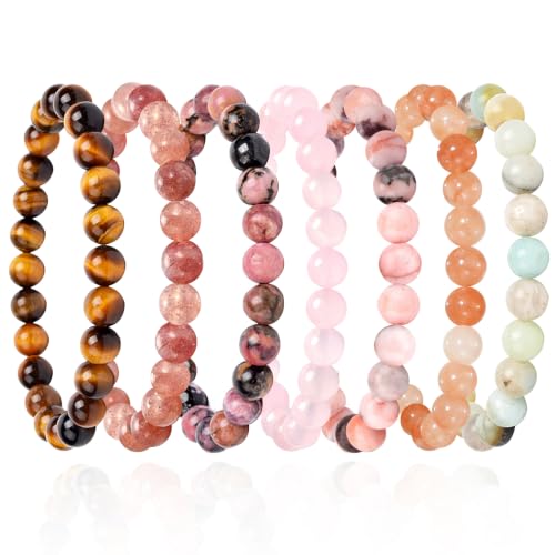 COLOYAN 7 Pcs 8mm Natural Stone Beaded Healing Crystal Bracelets for Women | Durable Handmade Stretch Bracelets, Multiple Styles,Semi-Precious Gemstones Reiki Spiritual Jewelry Gift Meditation Yoga - color: C