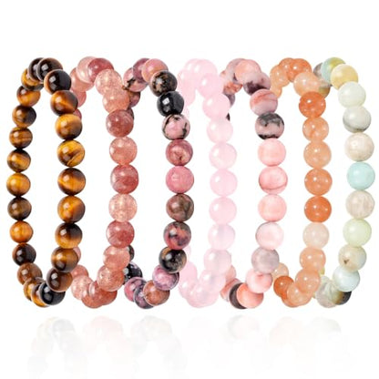 COLOYAN 7 Pcs 8mm Natural Stone Beaded Healing Crystal Bracelets for Women | Durable Handmade Stretch Bracelets, Multiple Styles,Semi-Precious Gemstones Reiki Spiritual Jewelry Gift Meditation Yoga - color: C