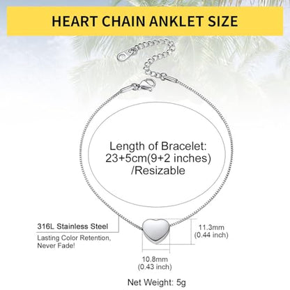 ChainsHouse Ankle Bracelets for Women, Stainless Steel Beaded Chain Ankle Bracelet, Womens Heart Anklets for Summer Beach Jewelry Gifts - color: S: heart-stainless