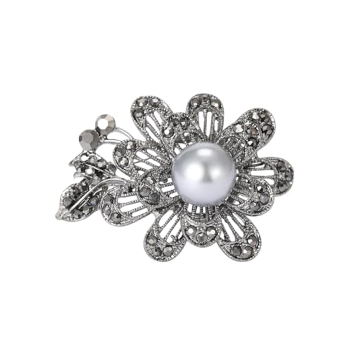 Brooch Pin, Vintage Floral Design In Antique Silver Tone Zinc Alloy With Grey Crystals And Faux Pearl Center - color: MM-BR-0002-GM
