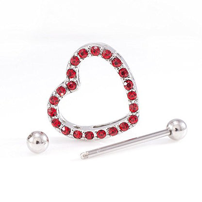 14G Stainless Steel CZ Paved Heart Nipple Rings Nipple Piercing Jewelry for Women 7/8 Inch 22mm - color: Silver - Red CZ