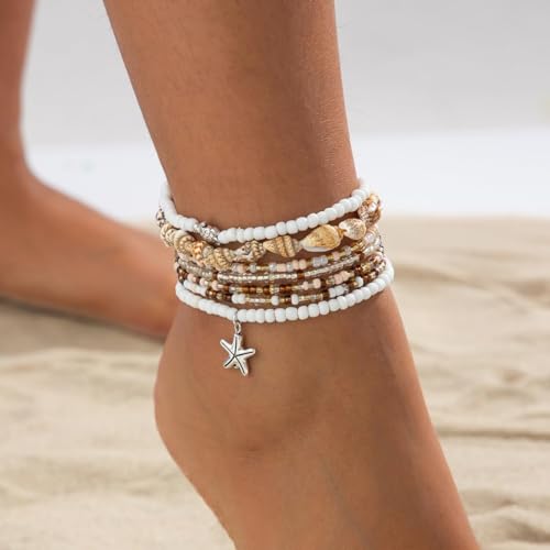 Nanafast Beaded Boho Anklets for Women, Beachy Shell Anklets for Women, Puka Shell & Starfish Charms Beach Jewelry Adjustable - color: 7PCS