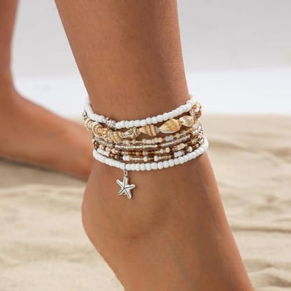 Nanafast Beaded Boho Anklets for Women, Beachy Shell Anklets for Women, Puka Shell & Starfish Charms Beach Jewelry Adjustable - color: 7PCS