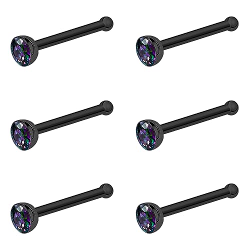 20G & 18G Nose Rings - Black, Silver & Gold Stainless Steel Studs & Screws - L Shaped & Bone Nose Rings Set - Clear CZ Nostril Piercing Jewelry - color: Black: 3mm RQ CZ/ Nose Bone/ 18G/ 6Pcs