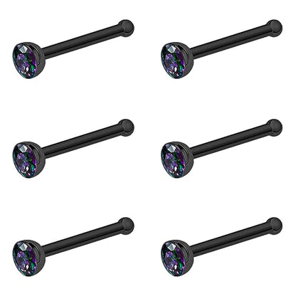 20G & 18G Nose Rings - Black, Silver & Gold Stainless Steel Studs & Screws - L Shaped & Bone Nose Rings Set - Clear CZ Nostril Piercing Jewelry - color: Black: 3mm RQ CZ/ Nose Bone/ 18G/ 6Pcs