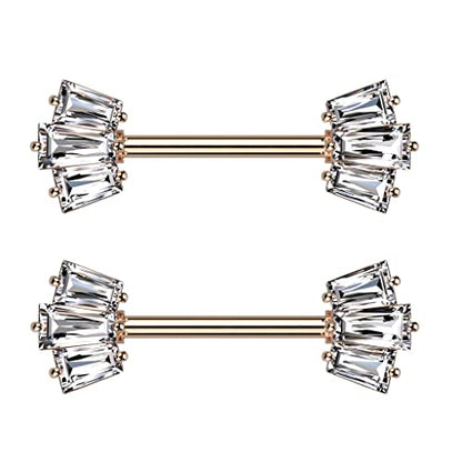 Pierced Owl 14GA 316L Stainless Steel CZ Crystal Baguette Crown Ends Nipple Barbells, Sold as a Pair - style: Rose Gold Tone