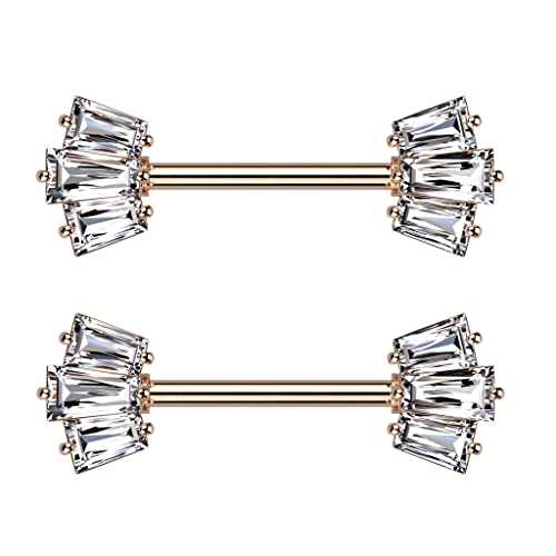 Pierced Owl 14GA 316L Stainless Steel CZ Crystal Baguette Crown Ends Nipple Barbells, Sold as a Pair - style: Rose Gold Tone