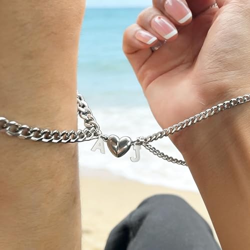 Matching Couple Initial Bracelets, Silver Stainless Steel Cuban Link - color: For Him